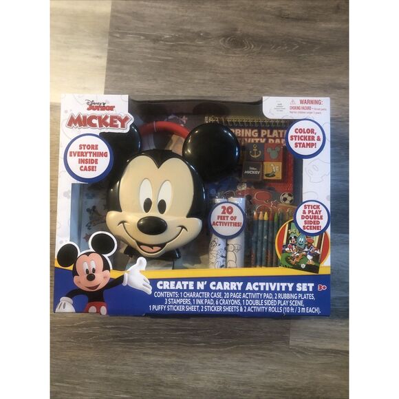 DISNEY JUNIOR MICKEY CREATE N' CARRY ACTIVITY SET COLOR STICKER STAMP STORE CASE - Picture 1 of 13